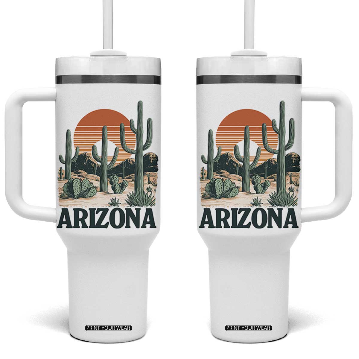Arizona Desert Sunset Tumbler With Handle Vintage Cactus Grand Canyon State Gift TS12 One Size: 40 oz White Print Your Wear