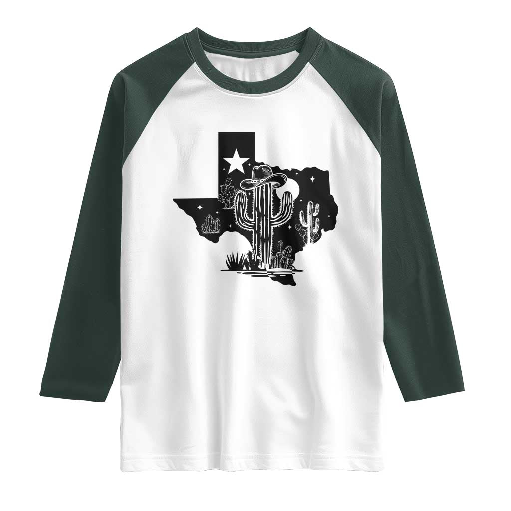 Western Pride Gift Raglan Shirt Cactus Texas Map With Cowboy Hat TS12 White Dark Forest Green Print Your Wear
