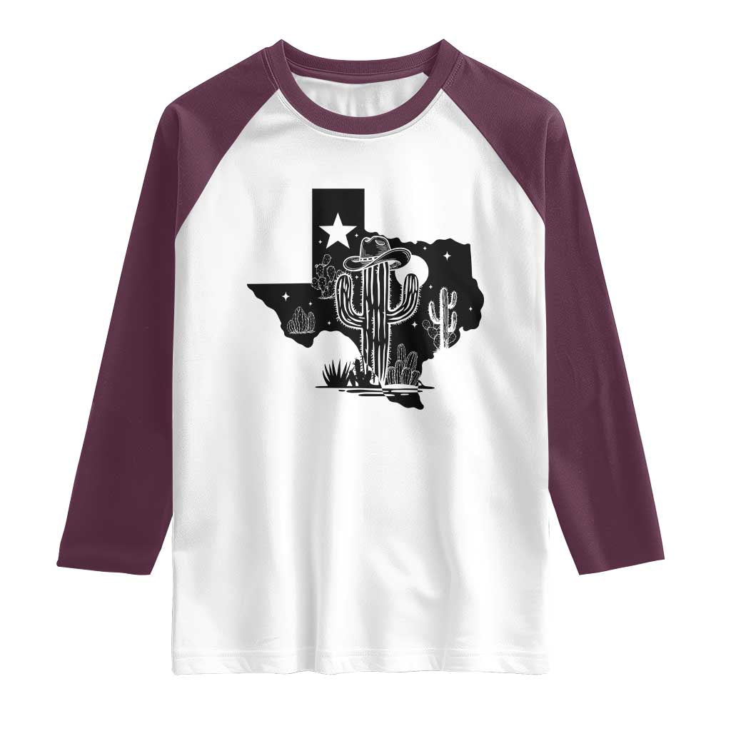 Western Pride Gift Raglan Shirt Cactus Texas Map With Cowboy Hat TS12 White Maroon Print Your Wear