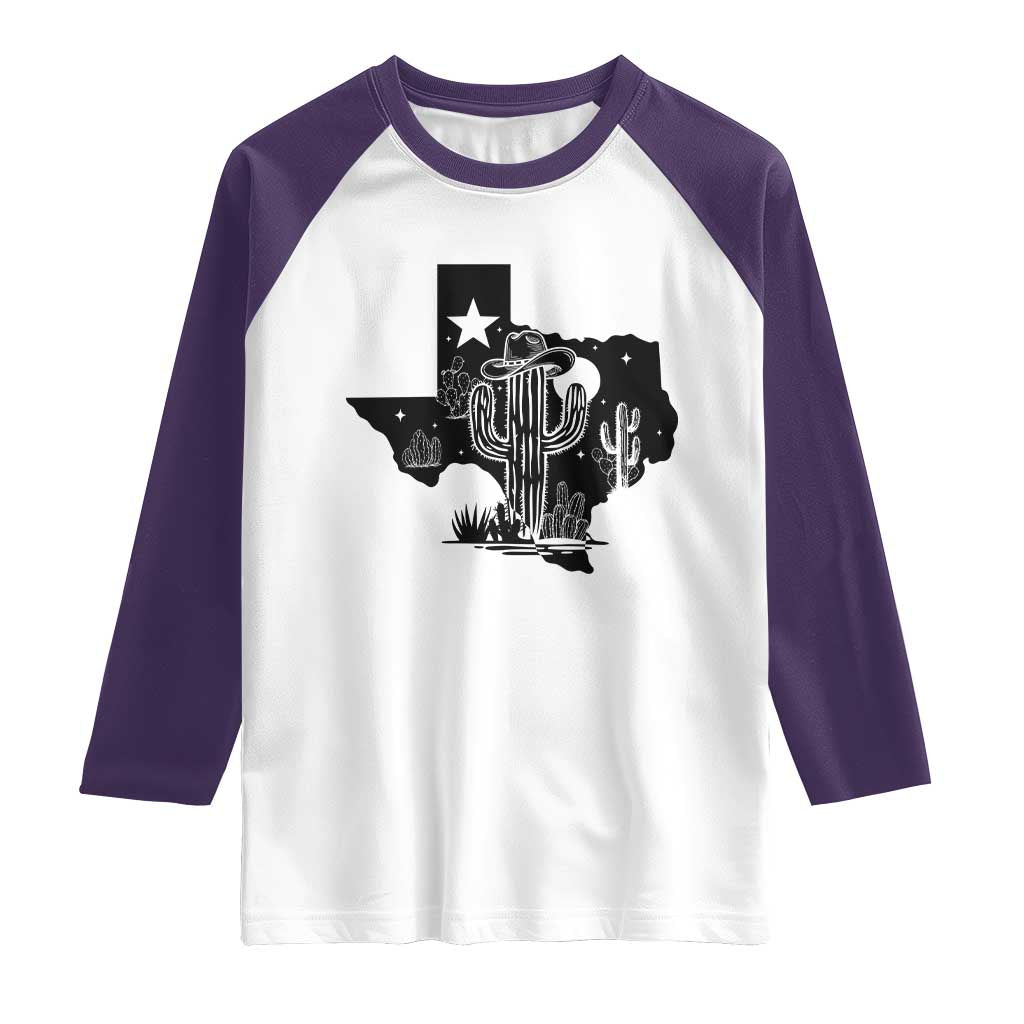Western Pride Gift Raglan Shirt Cactus Texas Map With Cowboy Hat TS12 White Purple Print Your Wear