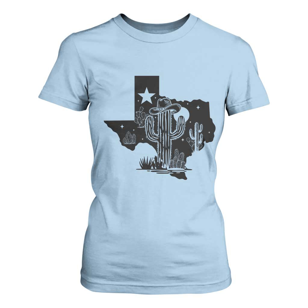 Western Pride Gift T Shirt For Women Cactus Texas Map With Cowboy Hat TS12 Light Blue Print Your Wear