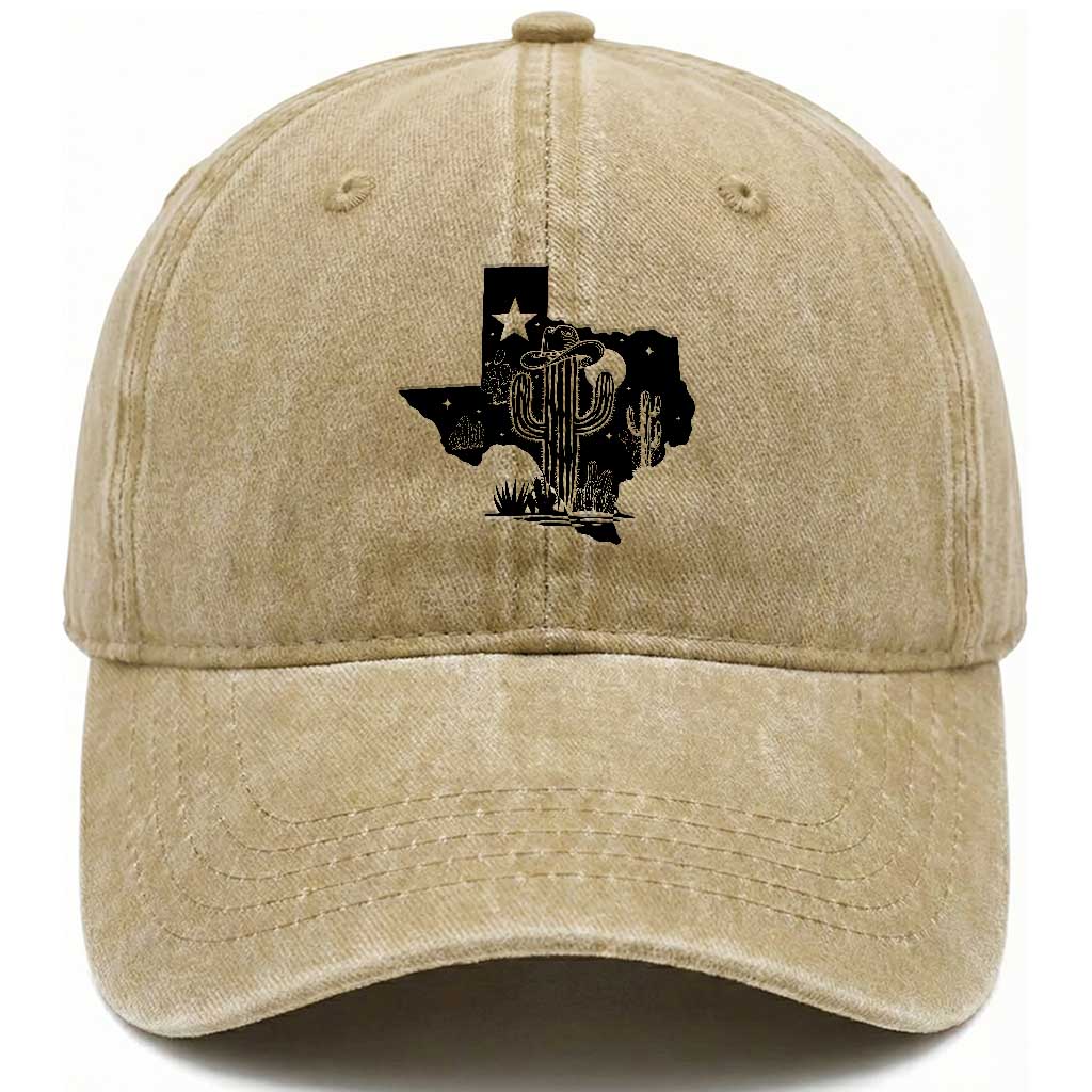 Western Pride Gift Washed Cotton Baseball Cap Cactus Texas Map With Cowboy Hat TS12 Washed Cap Universal Fit Khaki Print Your Wear