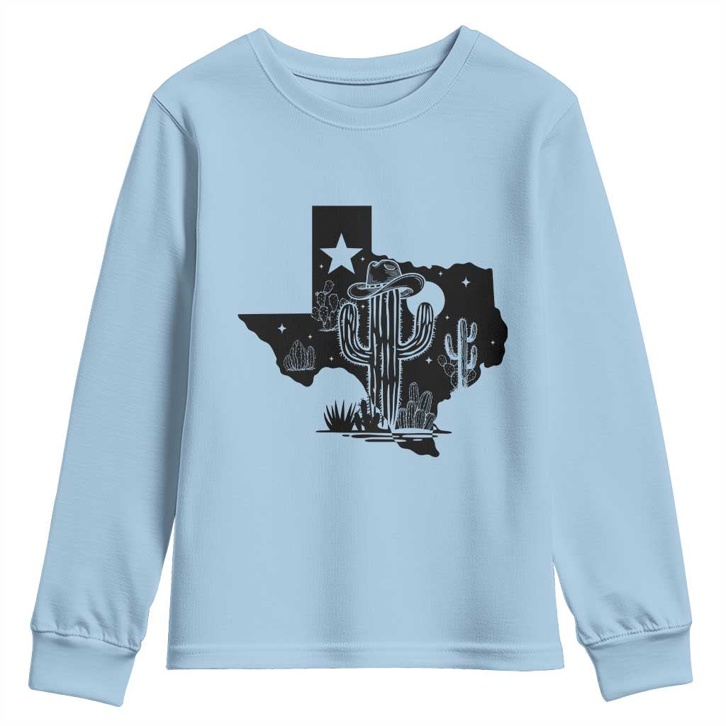 Western Pride Gift Youth Sweatshirt Cactus Texas Map With Cowboy Hat TS12 Light Blue Print Your Wear