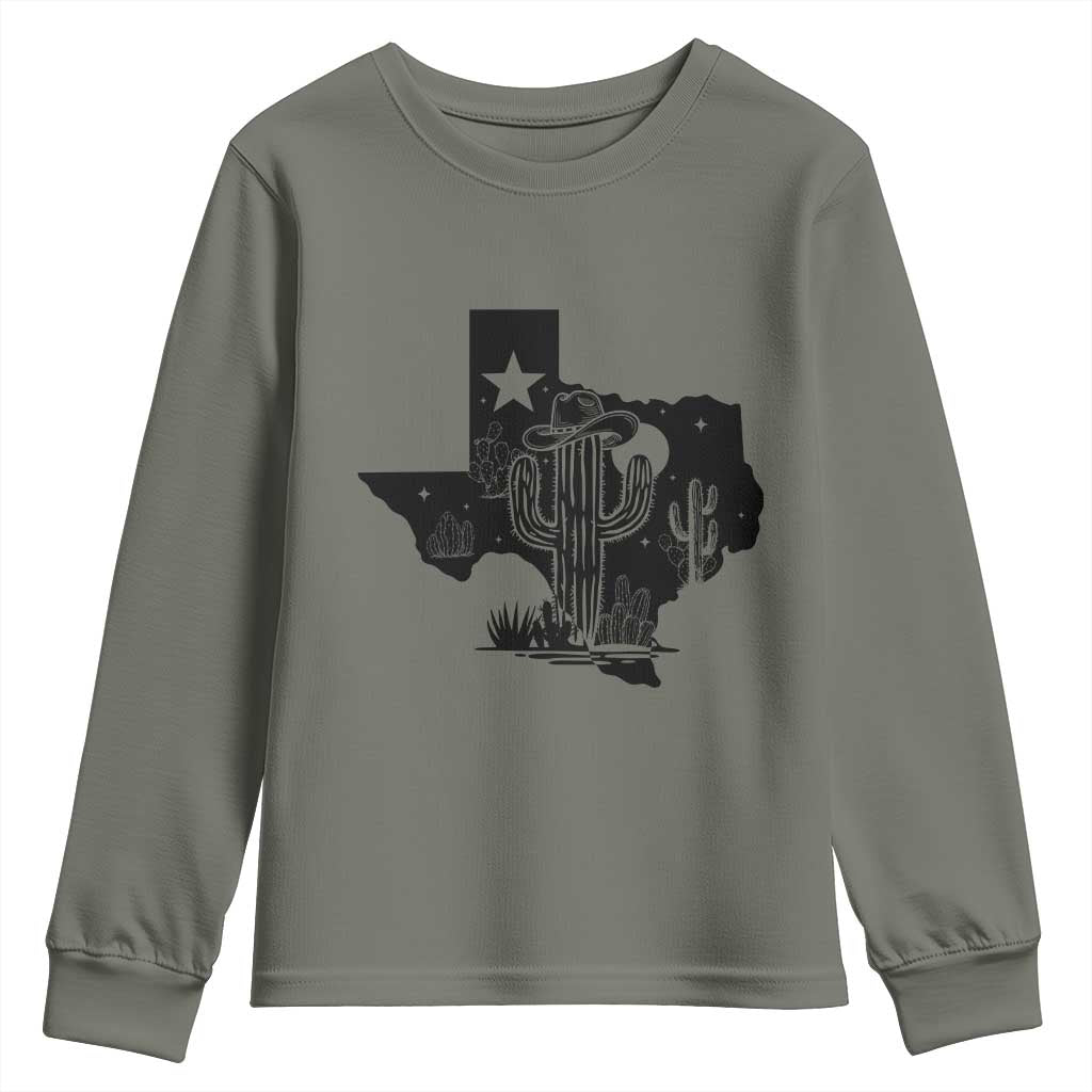 Western Pride Gift Youth Sweatshirt Cactus Texas Map With Cowboy Hat TS12 Military Green Print Your Wear
