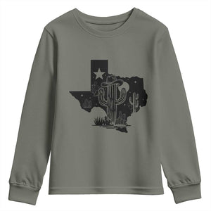 Western Pride Gift Youth Sweatshirt Cactus Texas Map With Cowboy Hat TS12 Military Green Print Your Wear