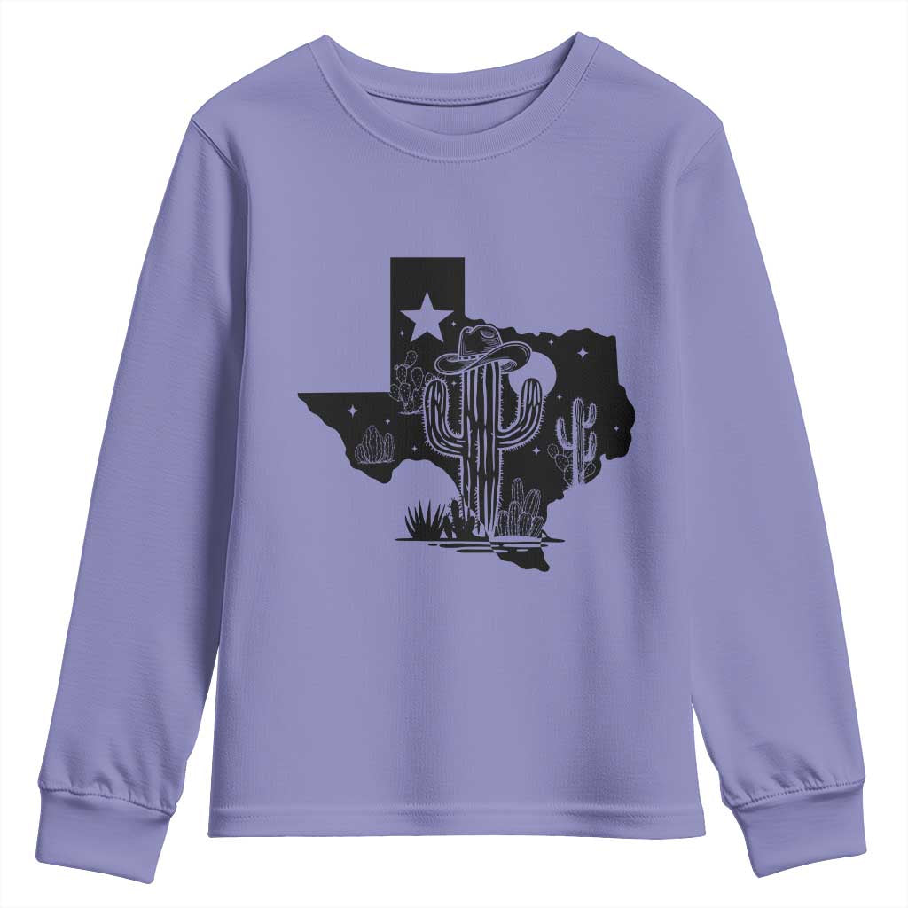 Western Pride Gift Youth Sweatshirt Cactus Texas Map With Cowboy Hat TS12 Violet Print Your Wear