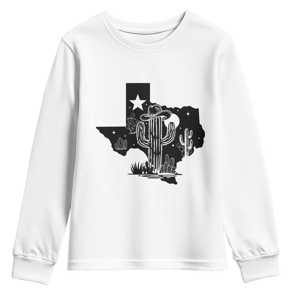 Western Pride Gift Youth Sweatshirt Cactus Texas Map With Cowboy Hat TS12 White Print Your Wear