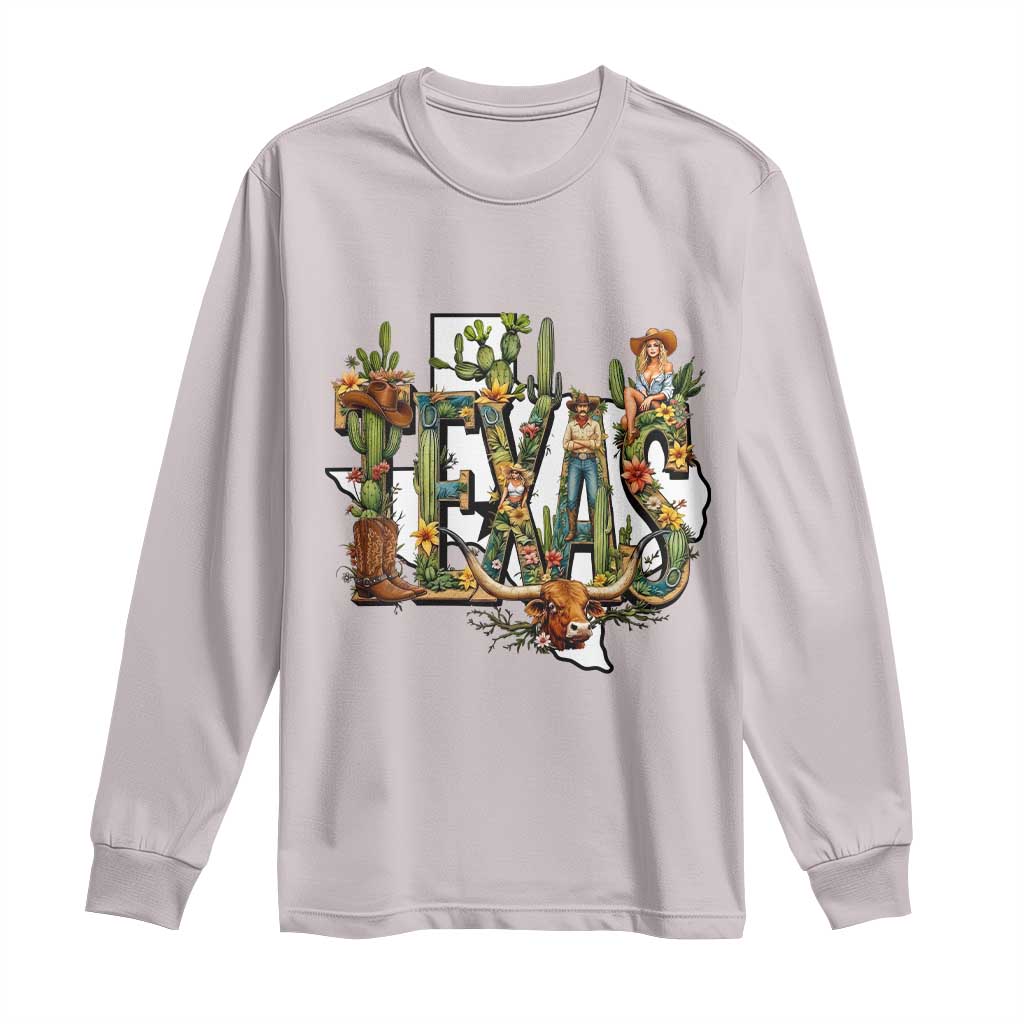 Texas Cowboy And Cowgirl Long Sleeve Shirt Vintage Cactus Gift Idea TS12 Ice Gray Print Your Wear