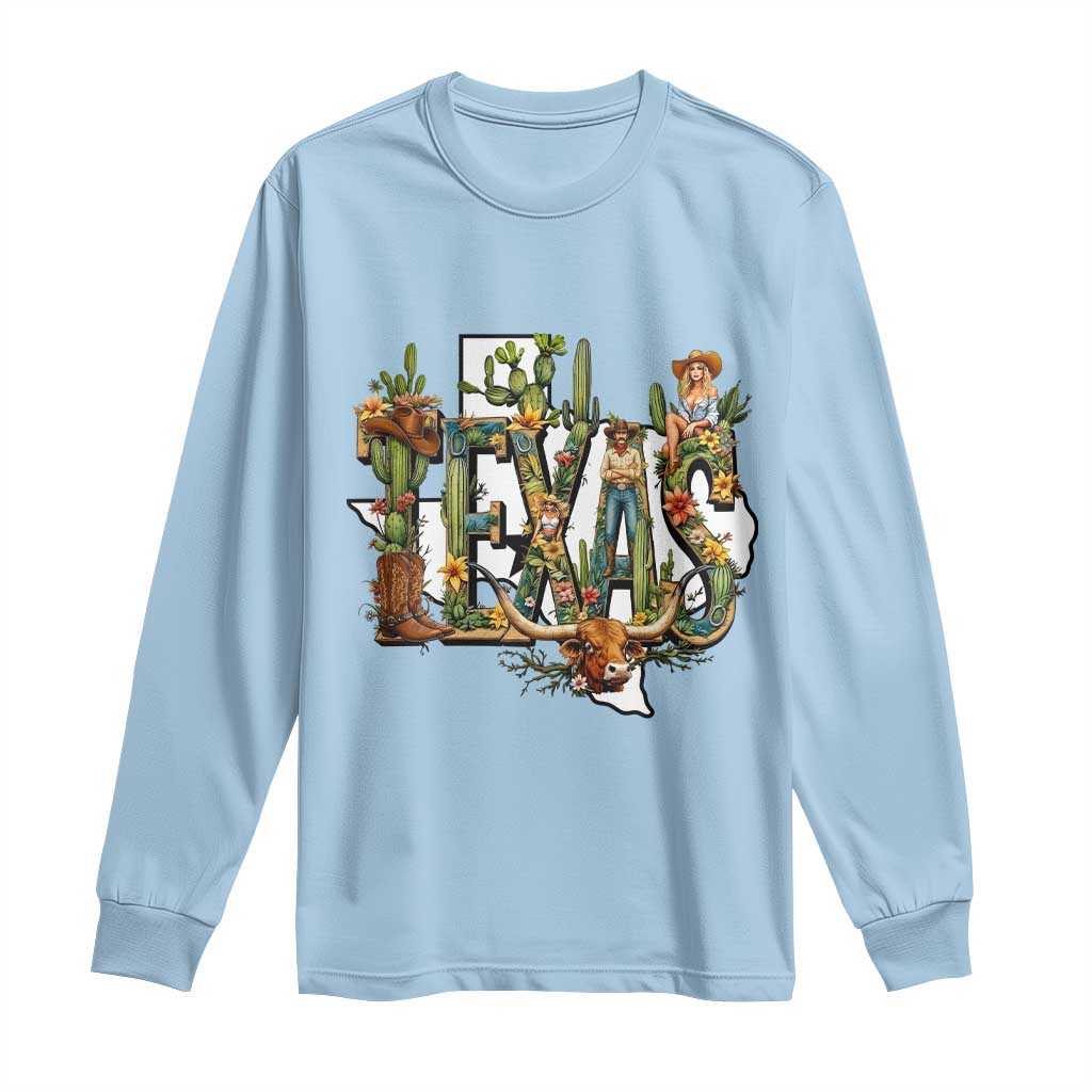 Texas Cowboy And Cowgirl Long Sleeve Shirt Vintage Cactus Gift Idea TS12 Light Blue Print Your Wear