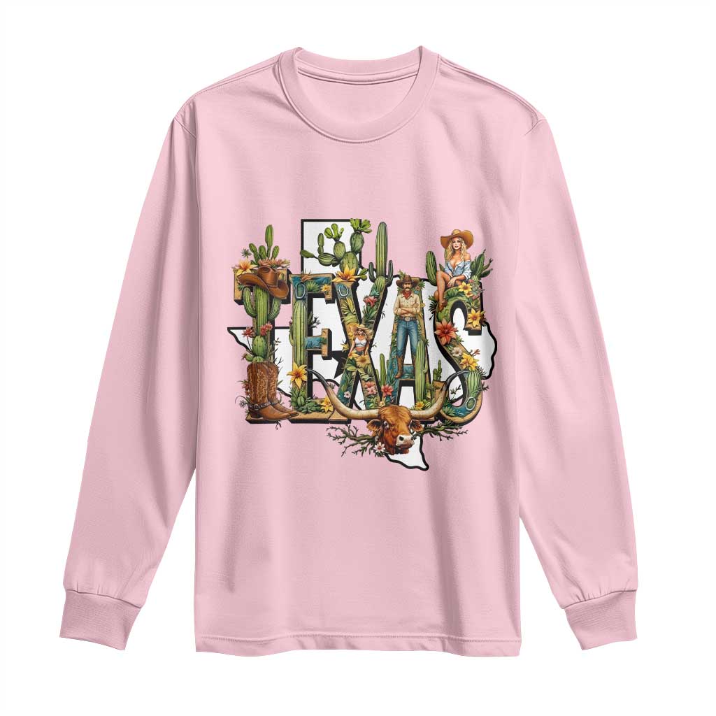 Texas Cowboy And Cowgirl Long Sleeve Shirt Vintage Cactus Gift Idea TS12 Light Pink Print Your Wear