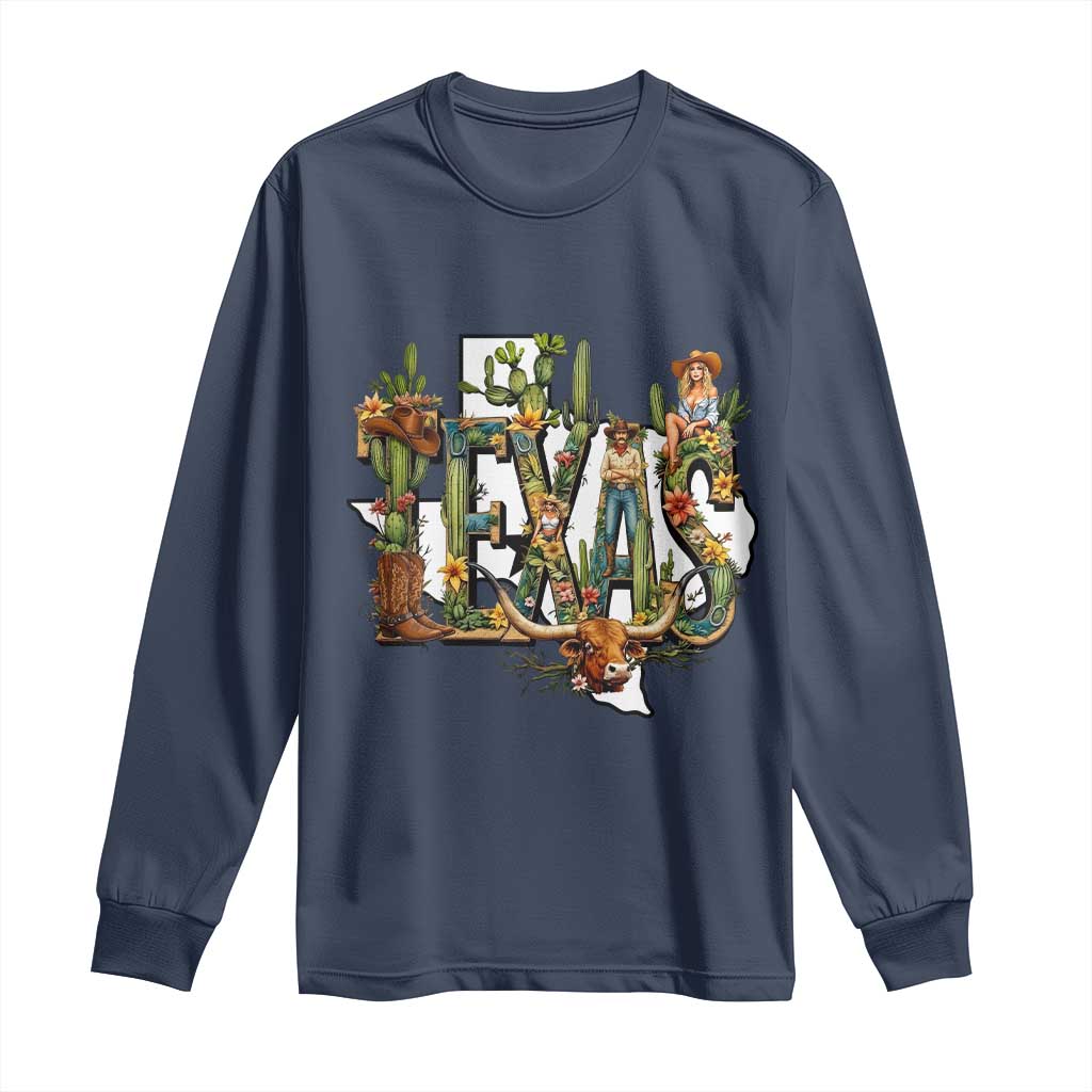 Texas Cowboy And Cowgirl Long Sleeve Shirt Vintage Cactus Gift Idea TS12 Navy Print Your Wear