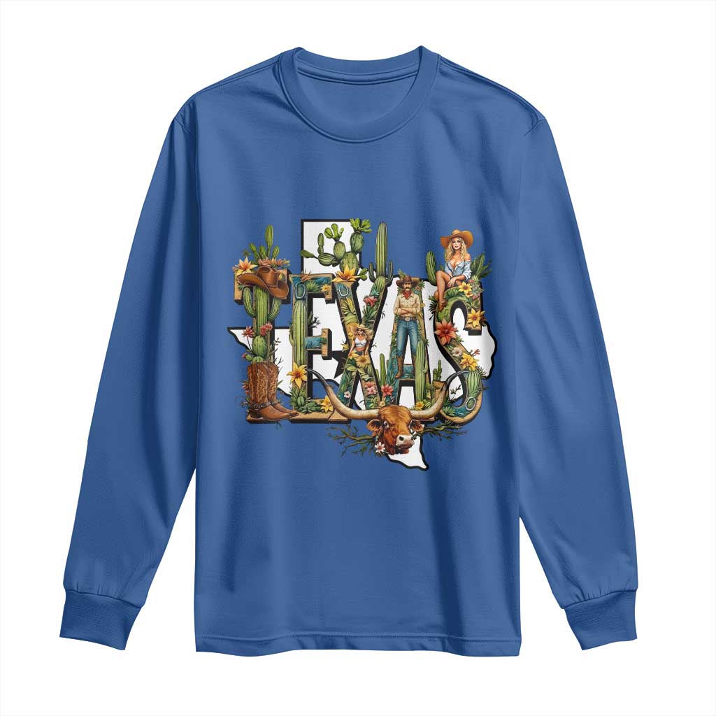 Texas Cowboy And Cowgirl Long Sleeve Shirt Vintage Cactus Gift Idea TS12 Royal Blue Print Your Wear