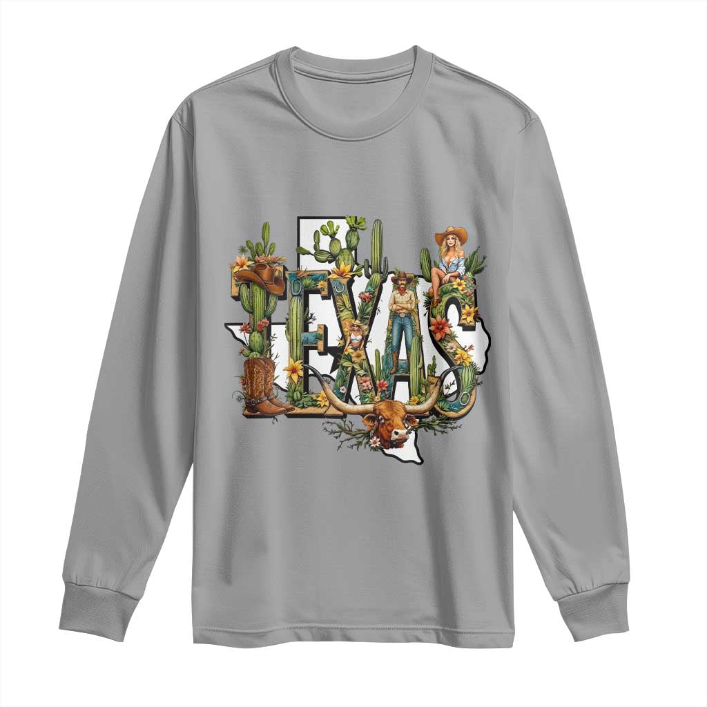 Texas Cowboy And Cowgirl Long Sleeve Shirt Vintage Cactus Gift Idea TS12 Sport Gray Print Your Wear