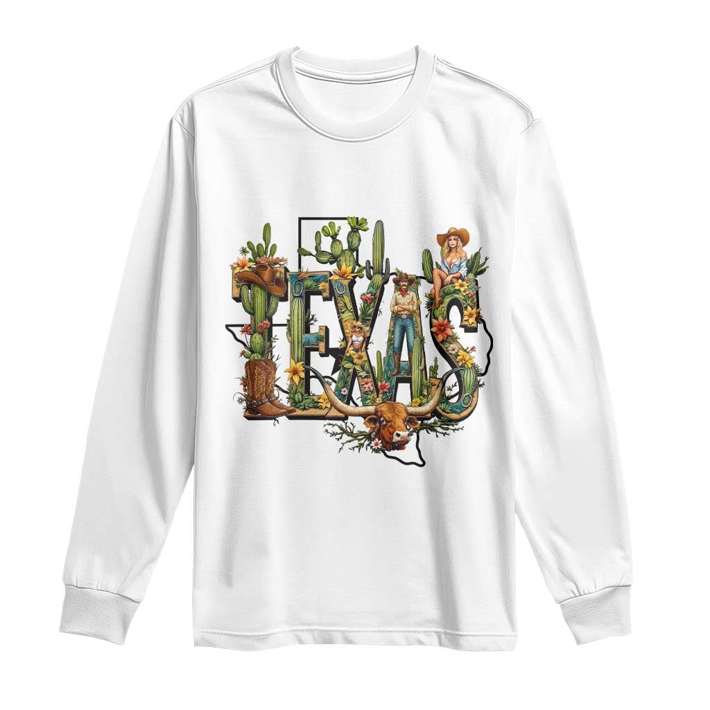 Texas Cowboy And Cowgirl Long Sleeve Shirt Vintage Cactus Gift Idea TS12 White Print Your Wear