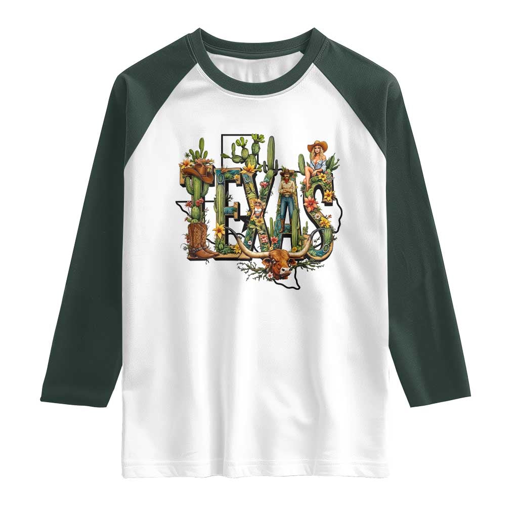 Texas Cowboy And Cowgirl Raglan Shirt Vintage Cactus Gift Idea TS12 White Dark Forest Green Print Your Wear