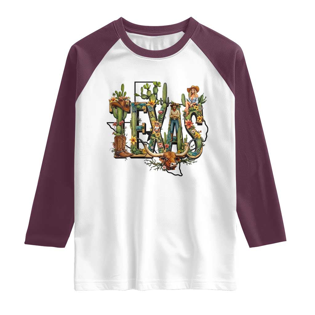 Texas Cowboy And Cowgirl Raglan Shirt Vintage Cactus Gift Idea TS12 White Maroon Print Your Wear
