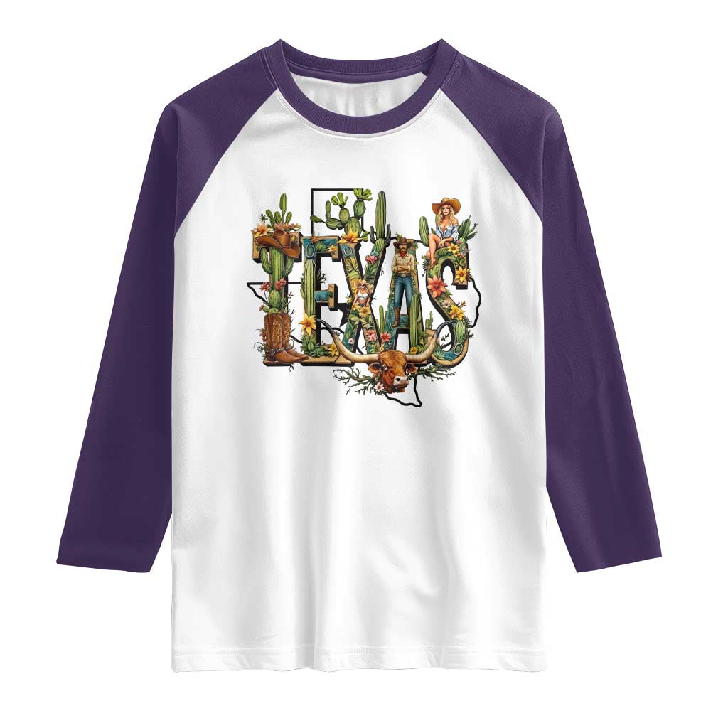 Texas Cowboy And Cowgirl Raglan Shirt Vintage Cactus Gift Idea TS12 White Purple Print Your Wear