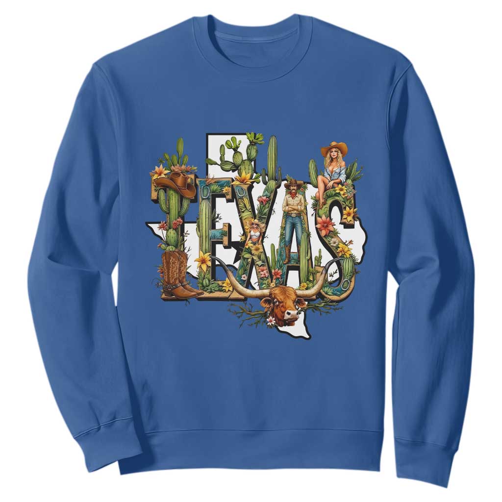 Texas Cowboy And Cowgirl Sweatshirt Vintage Cactus Gift Idea TS12 Royal Blue Print Your Wear