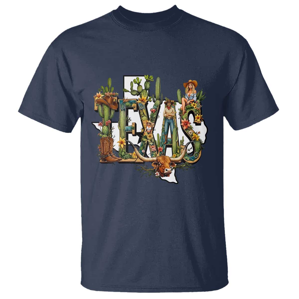 Texas Cowboy And Cowgirl T Shirt Vintage Cactus Gift Idea TS12 Navy Print Your Wear