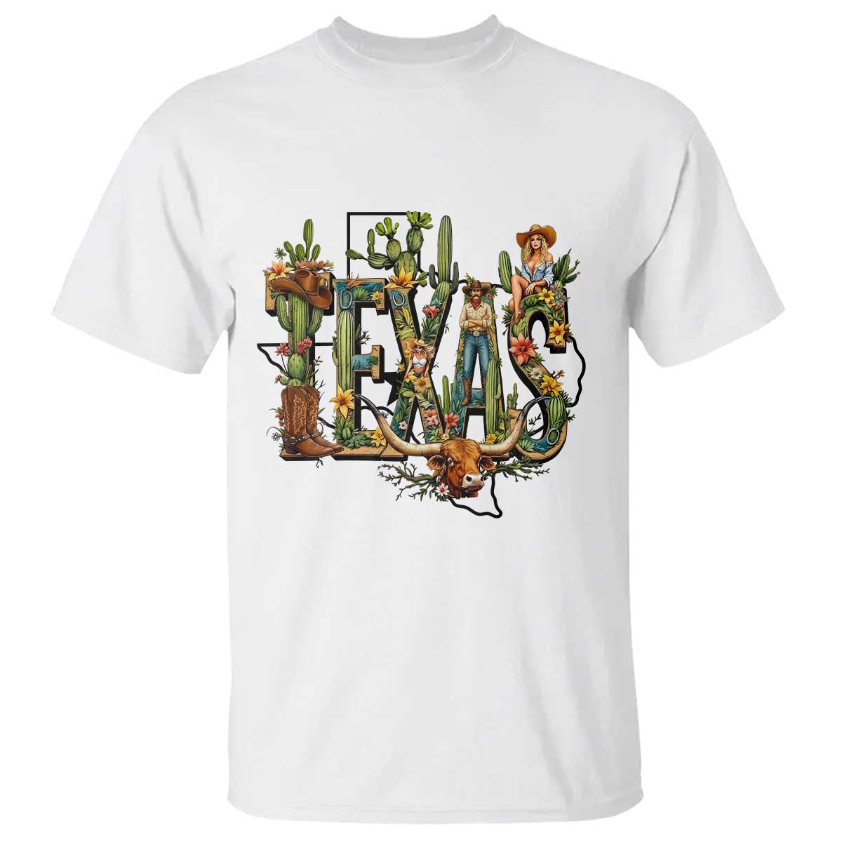 Texas Cowboy And Cowgirl T Shirt Vintage Cactus Gift Idea TS12 White Print Your Wear