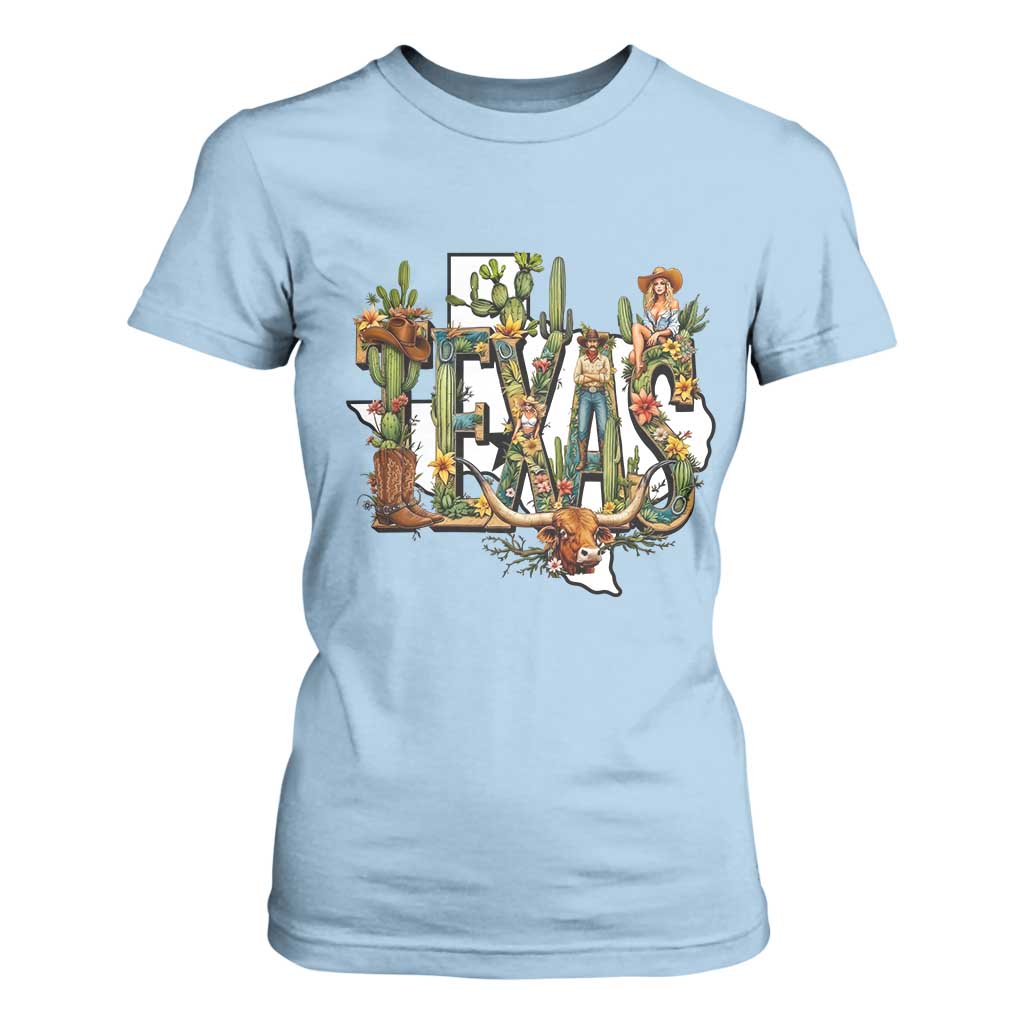 Texas Cowboy And Cowgirl T Shirt For Women Vintage Cactus Gift Idea TS12 Light Blue Print Your Wear