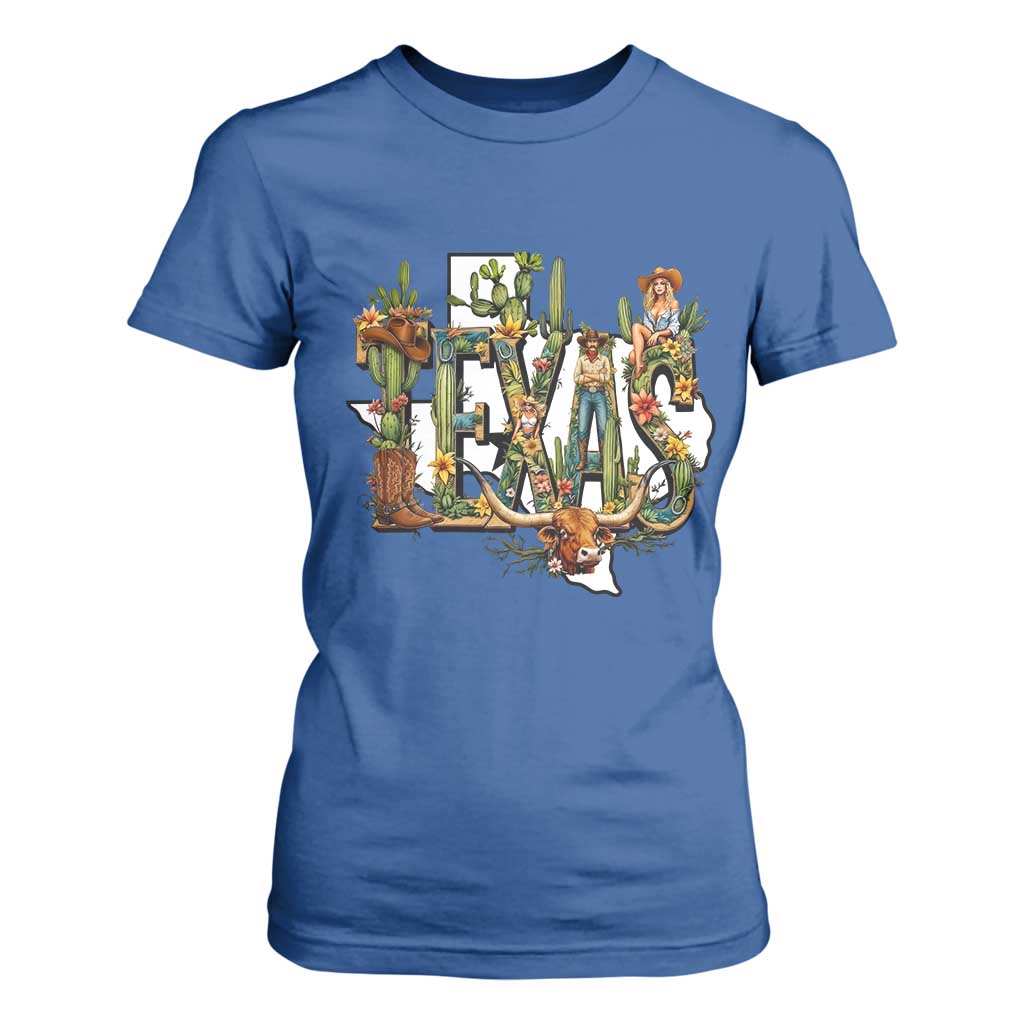Texas Cowboy And Cowgirl T Shirt For Women Vintage Cactus Gift Idea TS12 Royal Blue Print Your Wear