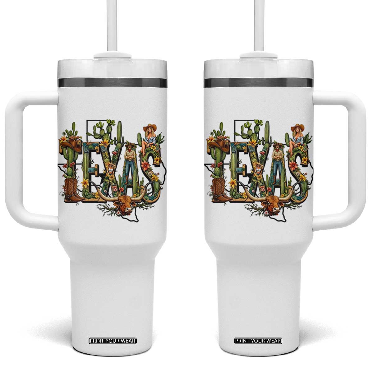 Texas Cowboy And Cowgirl Tumbler With Handle Vintage Cactus Gift Idea TS12 One Size: 40 oz White Print Your Wear