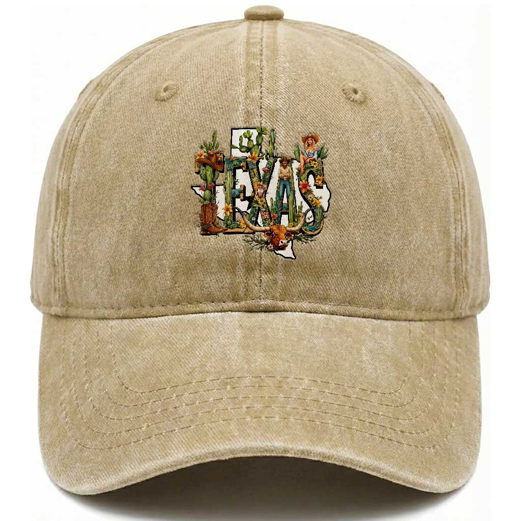 Texas Cowboy And Cowgirl Washed Cotton Baseball Cap Vintage Cactus Gift Idea TS12 Washed Cap Universal Fit Khaki Print Your Wear