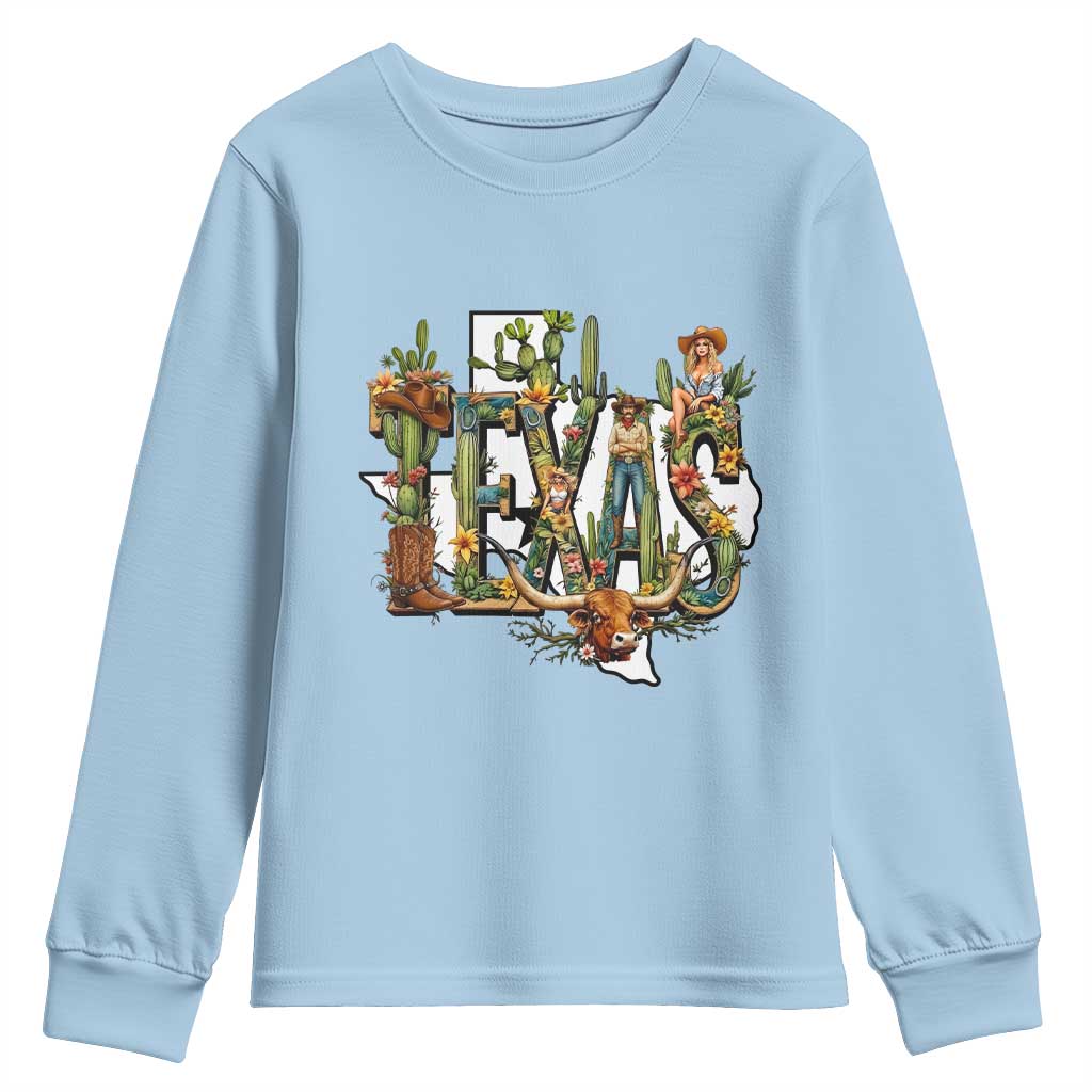 Texas Cowboy And Cowgirl Youth Sweatshirt Vintage Cactus Gift Idea TS12 Light Blue Print Your Wear