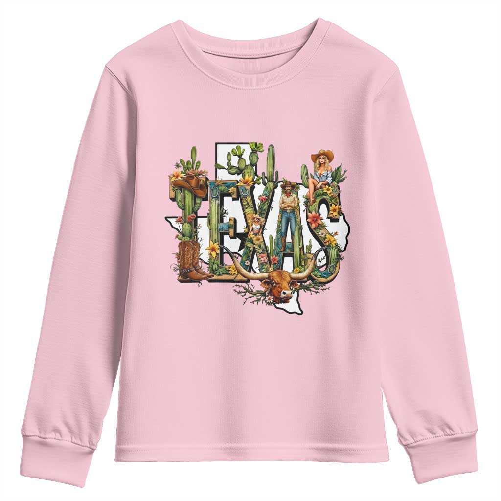 Texas Cowboy And Cowgirl Youth Sweatshirt Vintage Cactus Gift Idea TS12 Light Pink Print Your Wear
