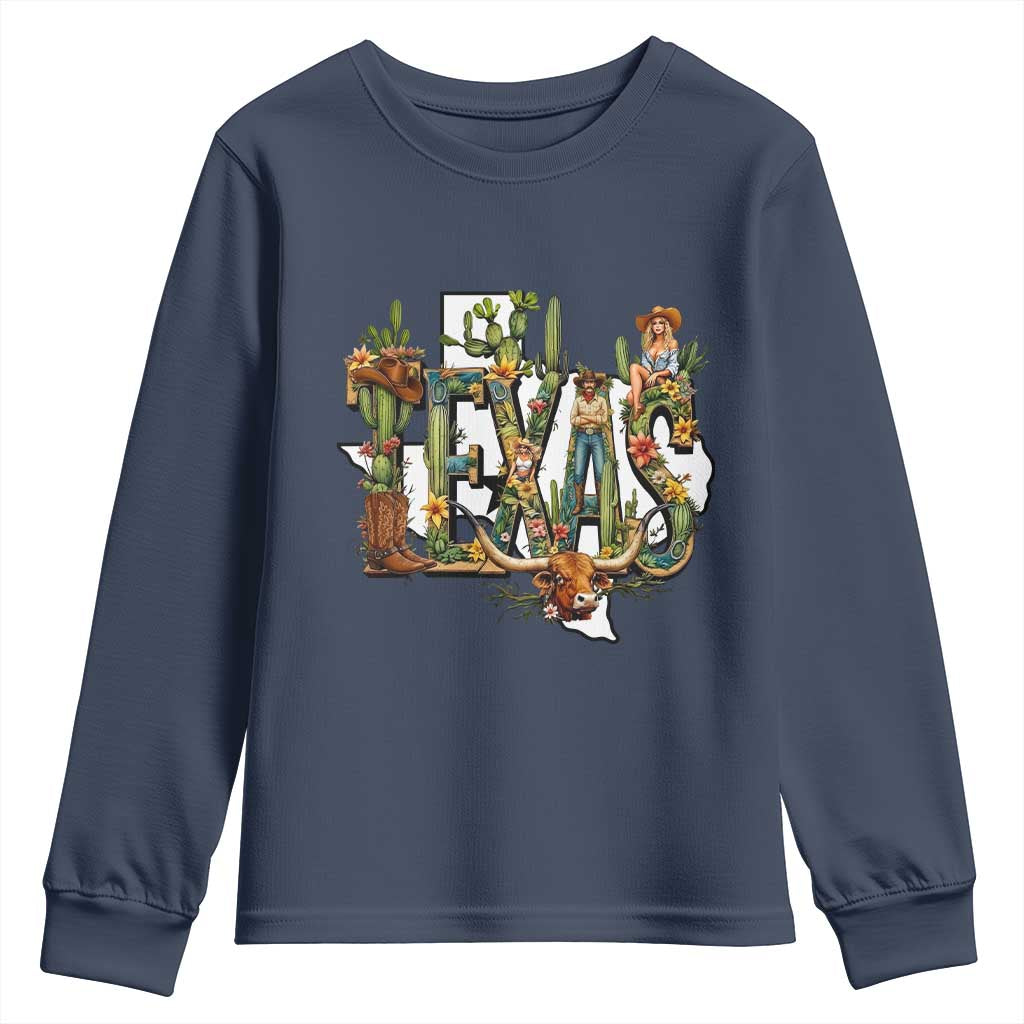 Texas Cowboy And Cowgirl Youth Sweatshirt Vintage Cactus Gift Idea TS12 Navy Print Your Wear