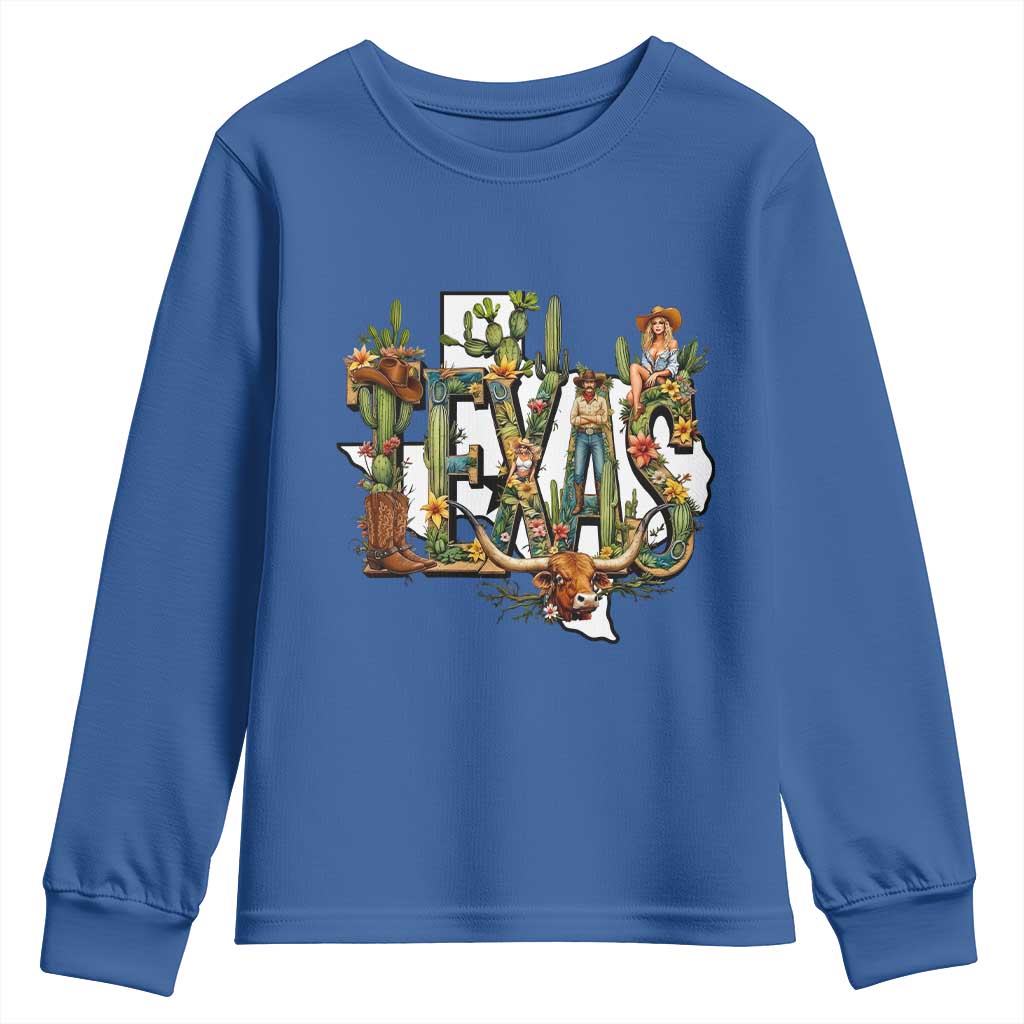 Texas Cowboy And Cowgirl Youth Sweatshirt Vintage Cactus Gift Idea TS12 Royal Blue Print Your Wear