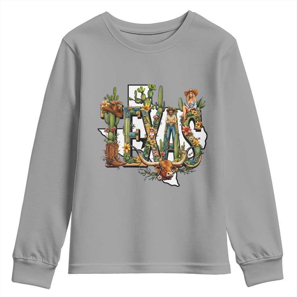 Texas Cowboy And Cowgirl Youth Sweatshirt Vintage Cactus Gift Idea TS12 Sport Gray Print Your Wear