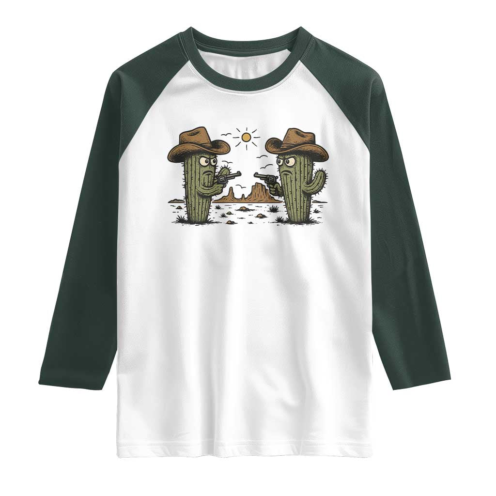 Funny Lone Star Cactus Cowboy Gunfight Gift Raglan Shirt TS12 White Dark Forest Green Print Your Wear