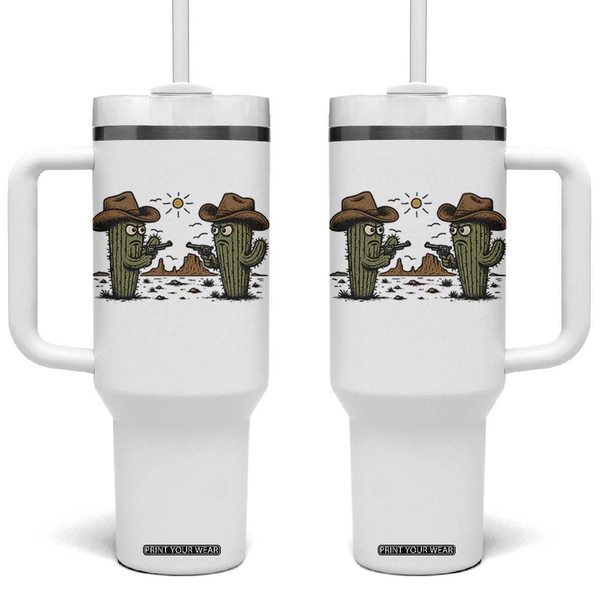 Funny Lone Star Cactus Cowboy Gunfight Gift Tumbler With Handle TS12 One Size: 40 oz White Print Your Wear
