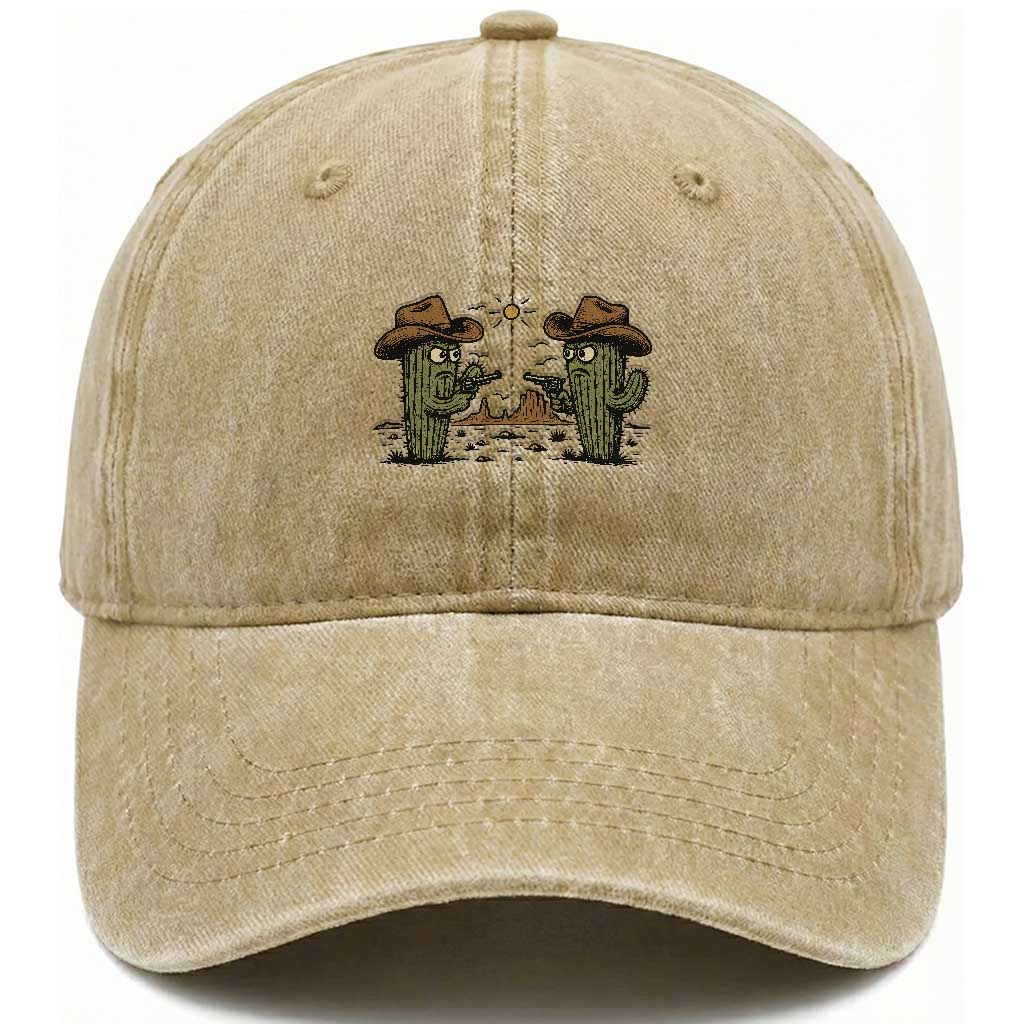 Funny Lone Star Cactus Cowboy Gunfight Gift Washed Cotton Baseball Cap TS12 Washed Cap Universal Fit Khaki Print Your Wear