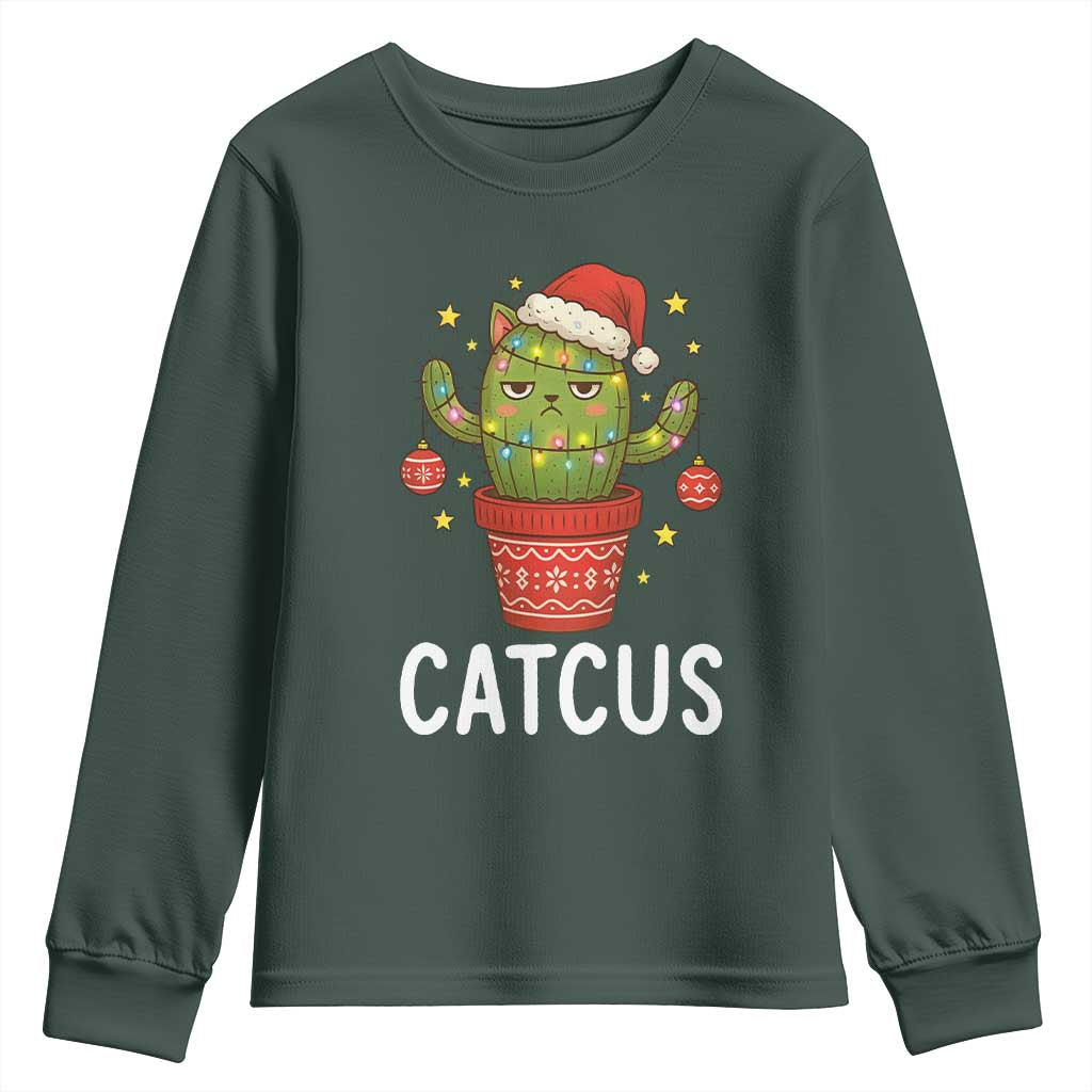 Funny Christmas Catcus Youth Sweatshirt Succulent Lover Gift TS12 Dark Forest Green Print Your Wear