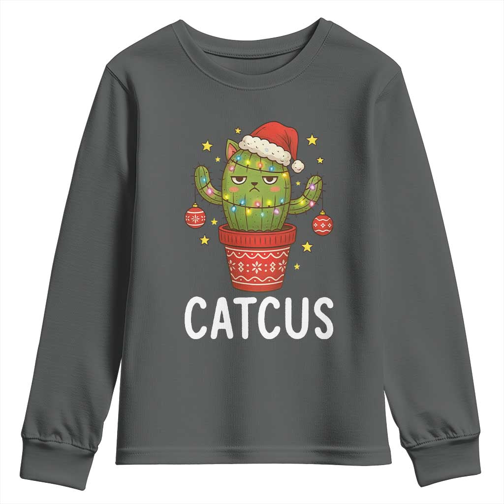 Funny Christmas Catcus Youth Sweatshirt Succulent Lover Gift TS12 Dark Heather Print Your Wear