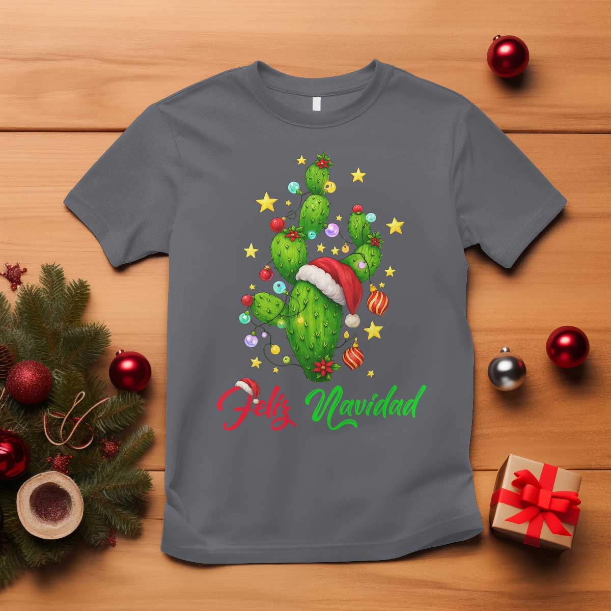 Feliz Navidad Cactus T Shirt Funny Spanish Christmas Gift TS12 Charcoal Print Your Wear