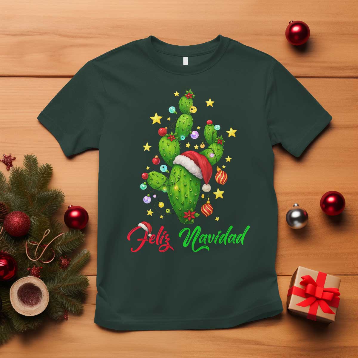 Feliz Navidad Cactus T Shirt Funny Spanish Christmas Gift TS12 Dark Forest Green Print Your Wear