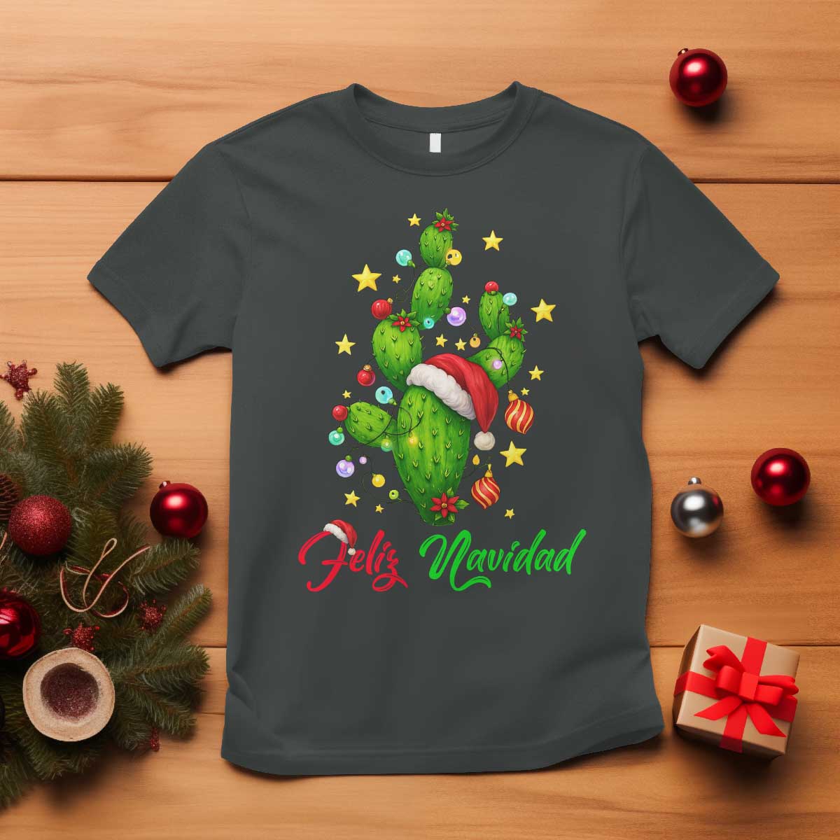 Feliz Navidad Cactus T Shirt Funny Spanish Christmas Gift TS12 Dark Heather Print Your Wear
