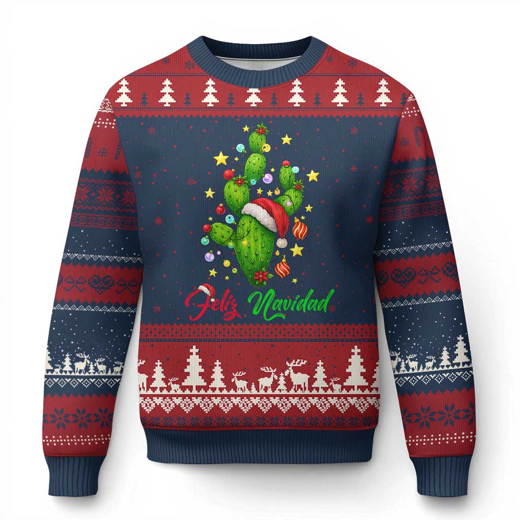 Feliz Navidad Cactus Ugly Christmas Sweater Funny Spanish Xmas Gift TS12 Navy Red Print Your Wear