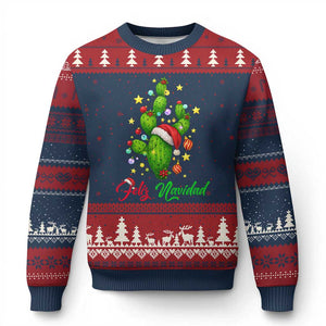 Feliz Navidad Cactus Ugly Christmas Sweater Funny Spanish Xmas Gift TS12 Navy Red Print Your Wear