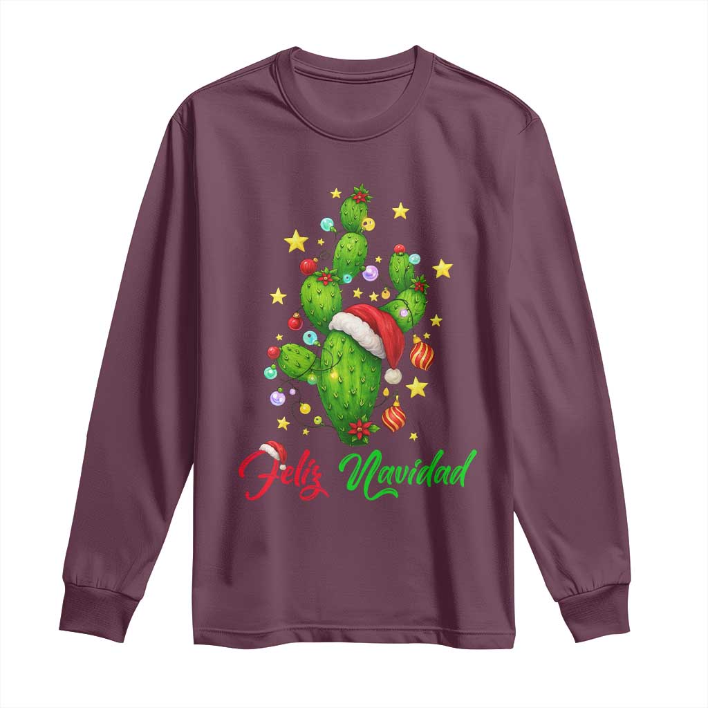 Feliz Navidad Cactus Long Sleeve Shirt Funny Spanish Christmas Gift TS12 Maroon Print Your Wear