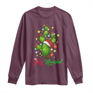Feliz Navidad Cactus Long Sleeve Shirt Funny Spanish Christmas Gift TS12 Maroon Print Your Wear