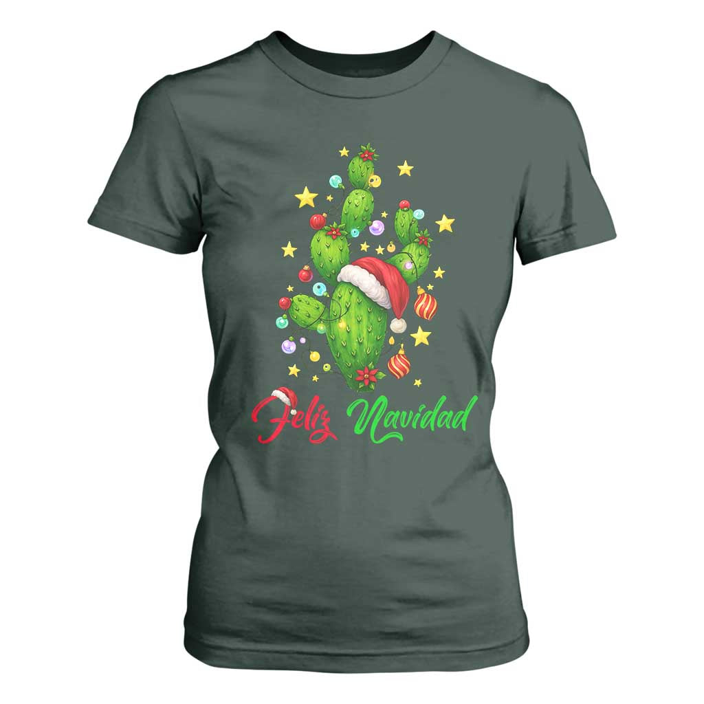 Feliz Navidad Cactus T Shirt For Women Funny Spanish Christmas Gift TS12 Dark Forest Green Print Your Wear