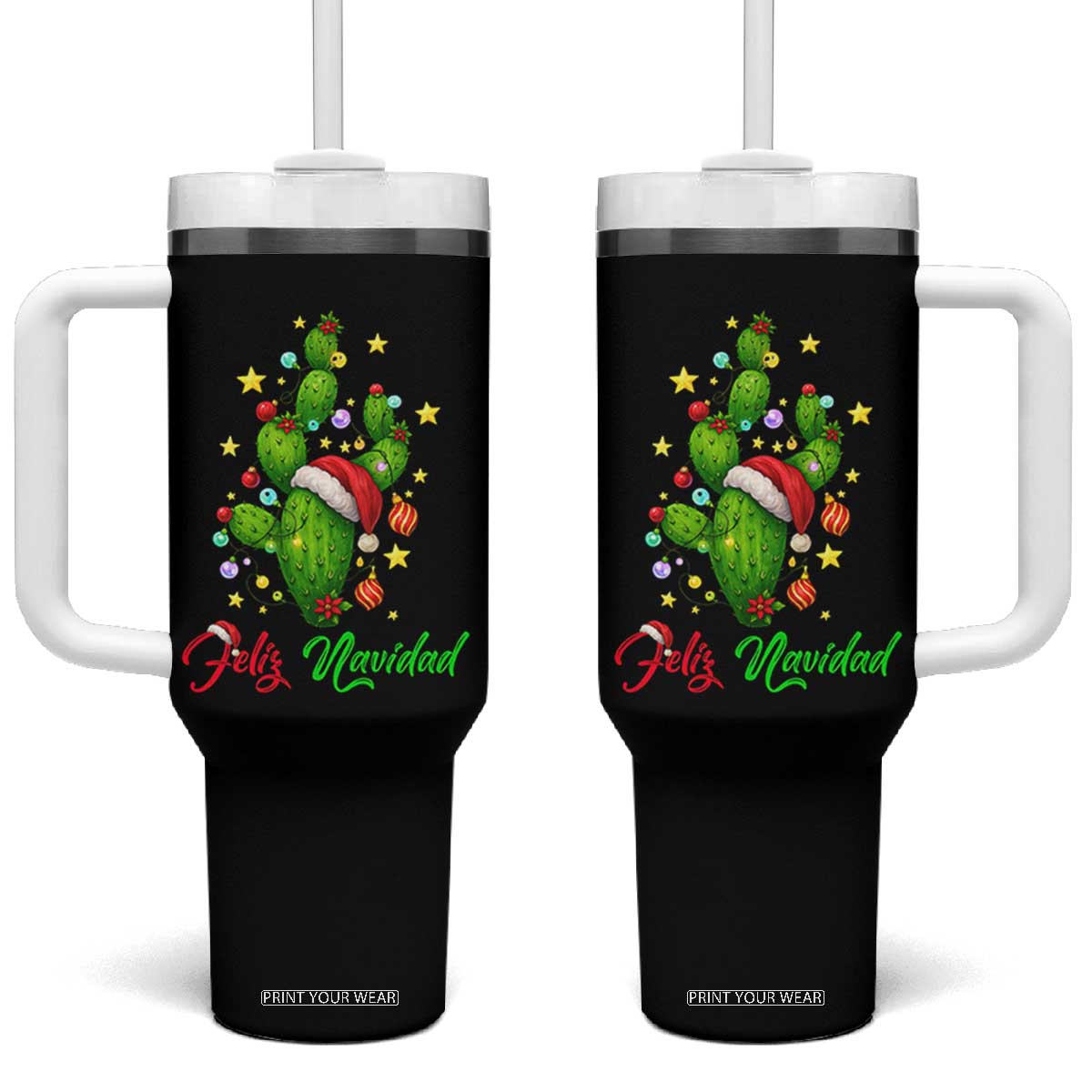 Feliz Navidad Cactus Tumbler With Handle Funny Spanish Christmas Gift TS12 One Size: 40 oz Black Print Your Wear