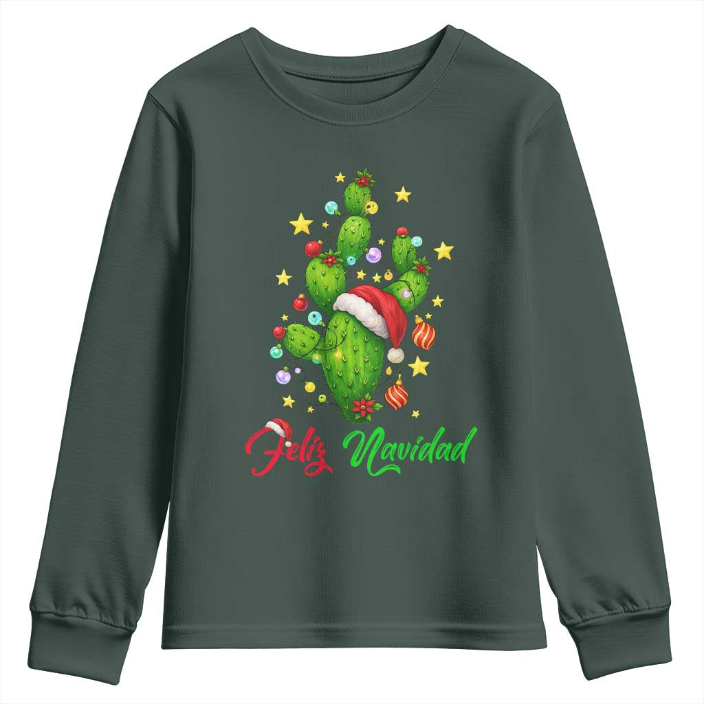 Feliz Navidad Cactus Youth Sweatshirt Funny Spanish Christmas Gift TS12 Dark Forest Green Print Your Wear