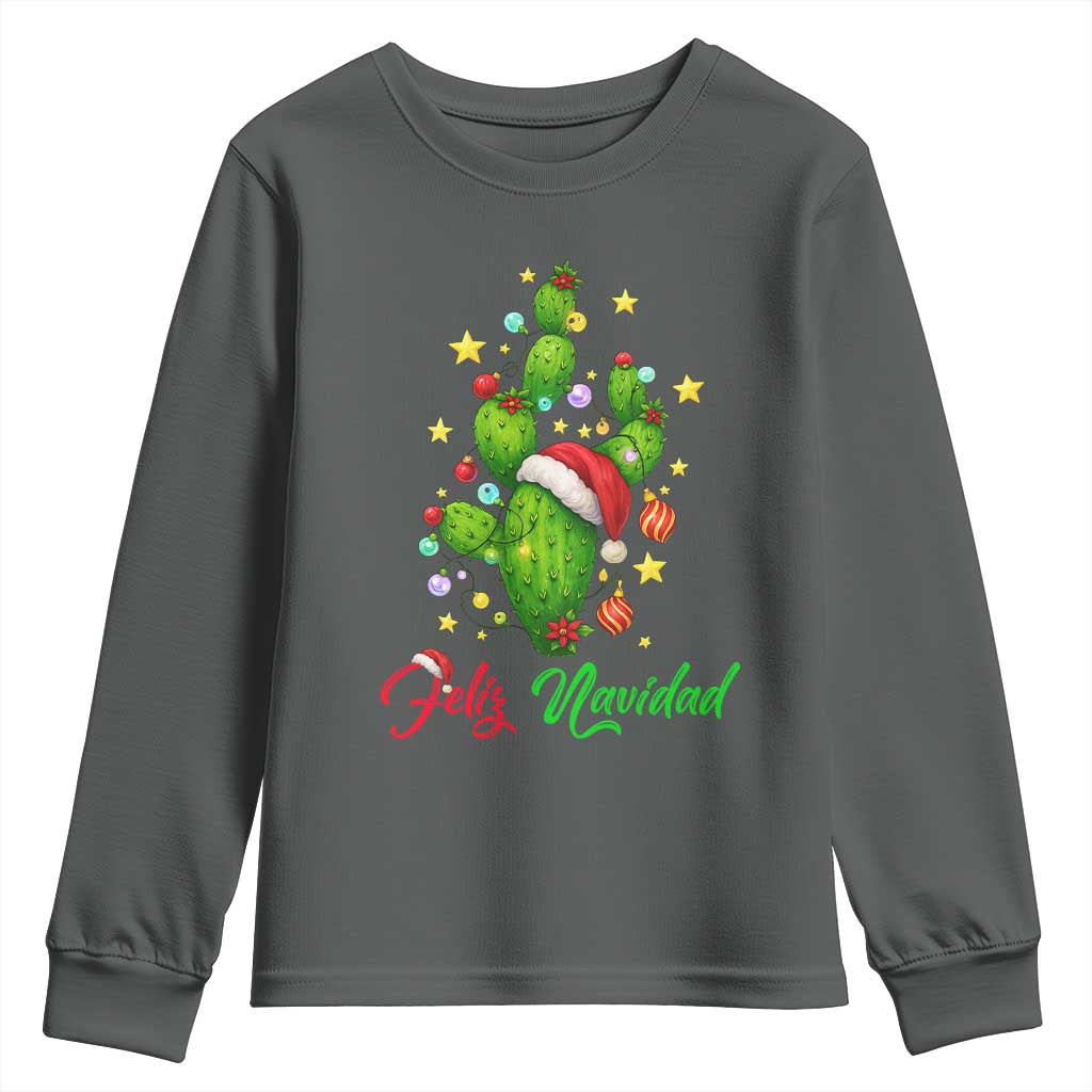 Feliz Navidad Cactus Youth Sweatshirt Funny Spanish Christmas Gift TS12 Dark Heather Print Your Wear