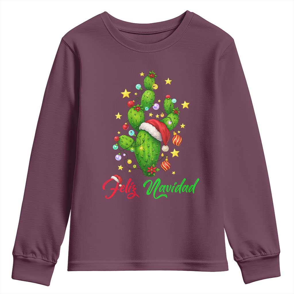 Feliz Navidad Cactus Youth Sweatshirt Funny Spanish Christmas Gift TS12 Maroon Print Your Wear